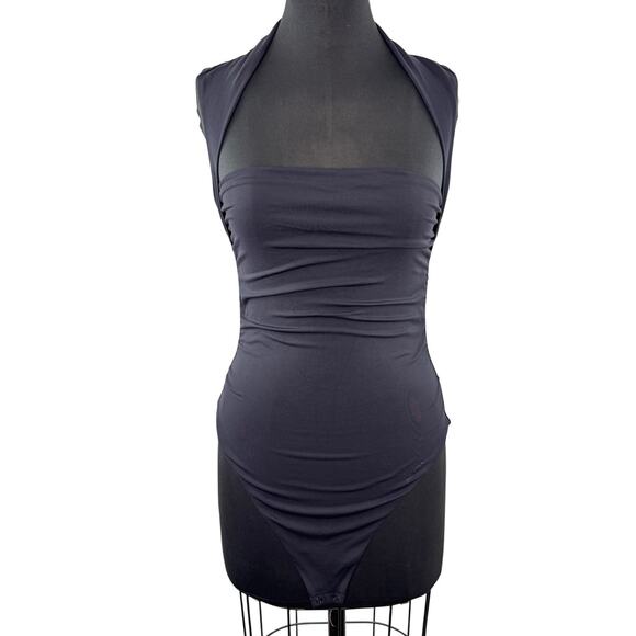 Contour Aritzia Black Bodysuit Square Neck Double-Layer Side Ruching SZ Large L - Picture 1 of 5